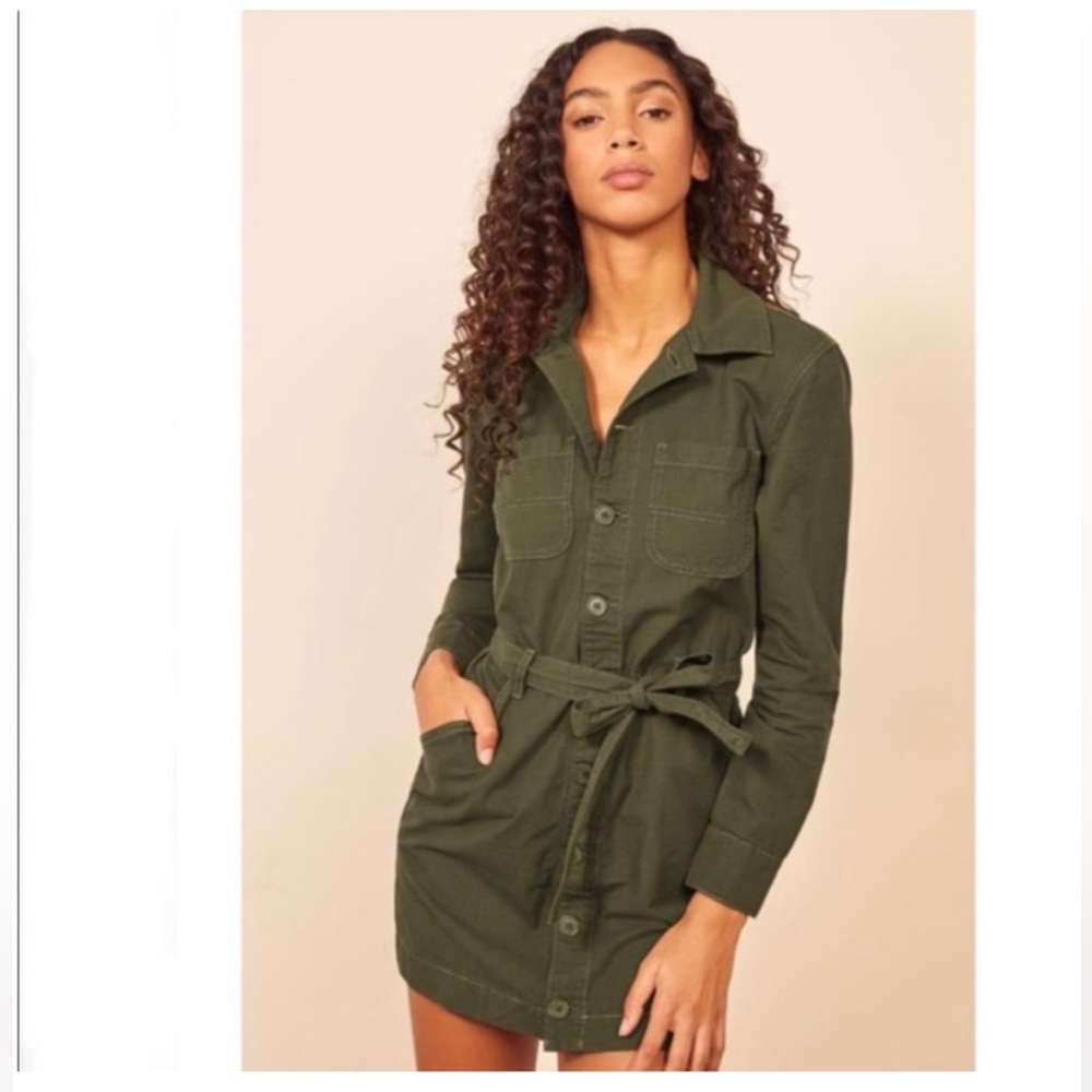 Reformation Lydia Utility Dress Army Green Mini Long Sleeve Dress